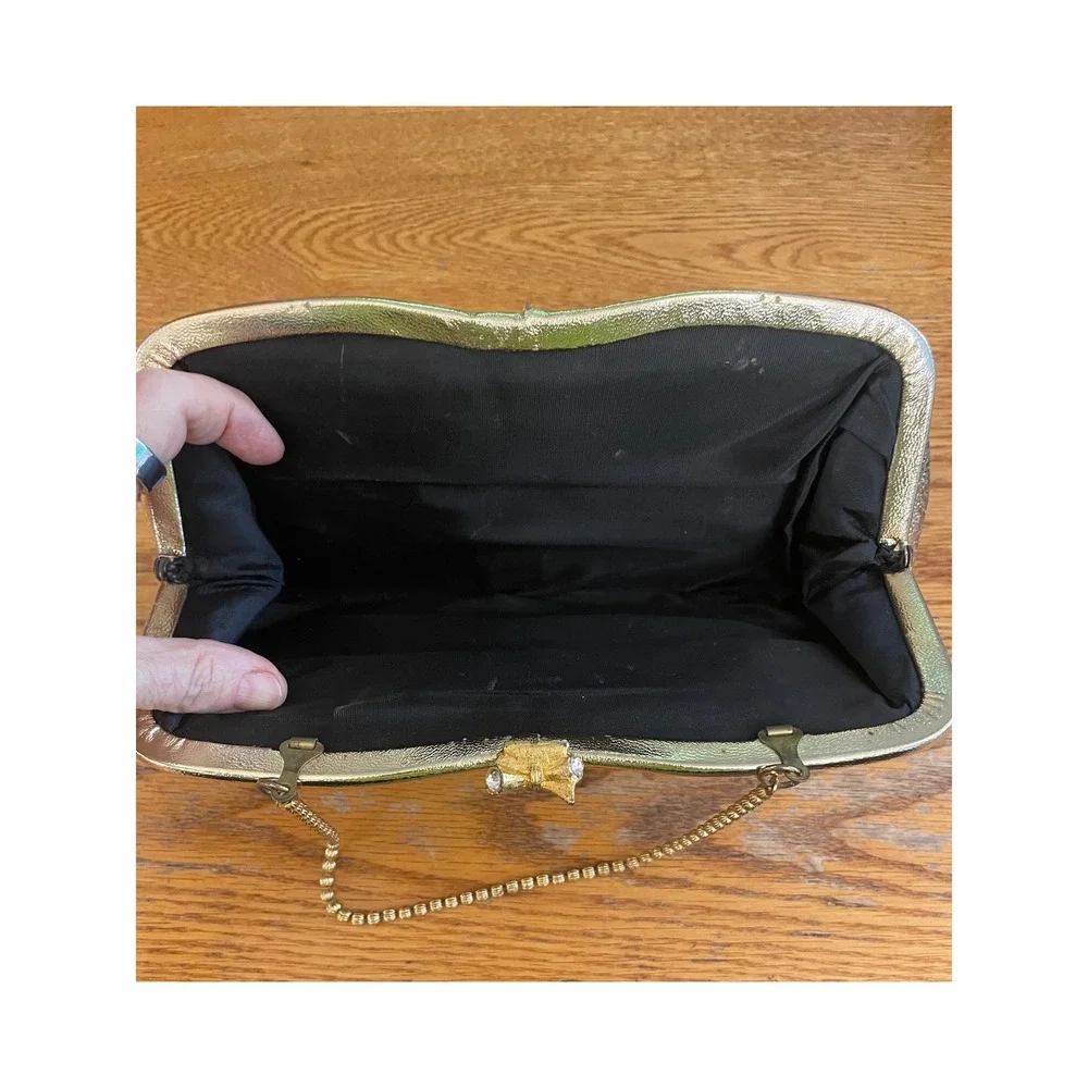 Vintage Gold Metallic Textured Frame Clutch Bag Rhinestone Bow Clasp Chain Strap
